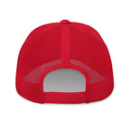 Red snapback trucker cap with embroidered Infidel Script design, back view