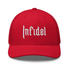 Red, snapback hat, with embroidered OG INFIDEL mark, front view
