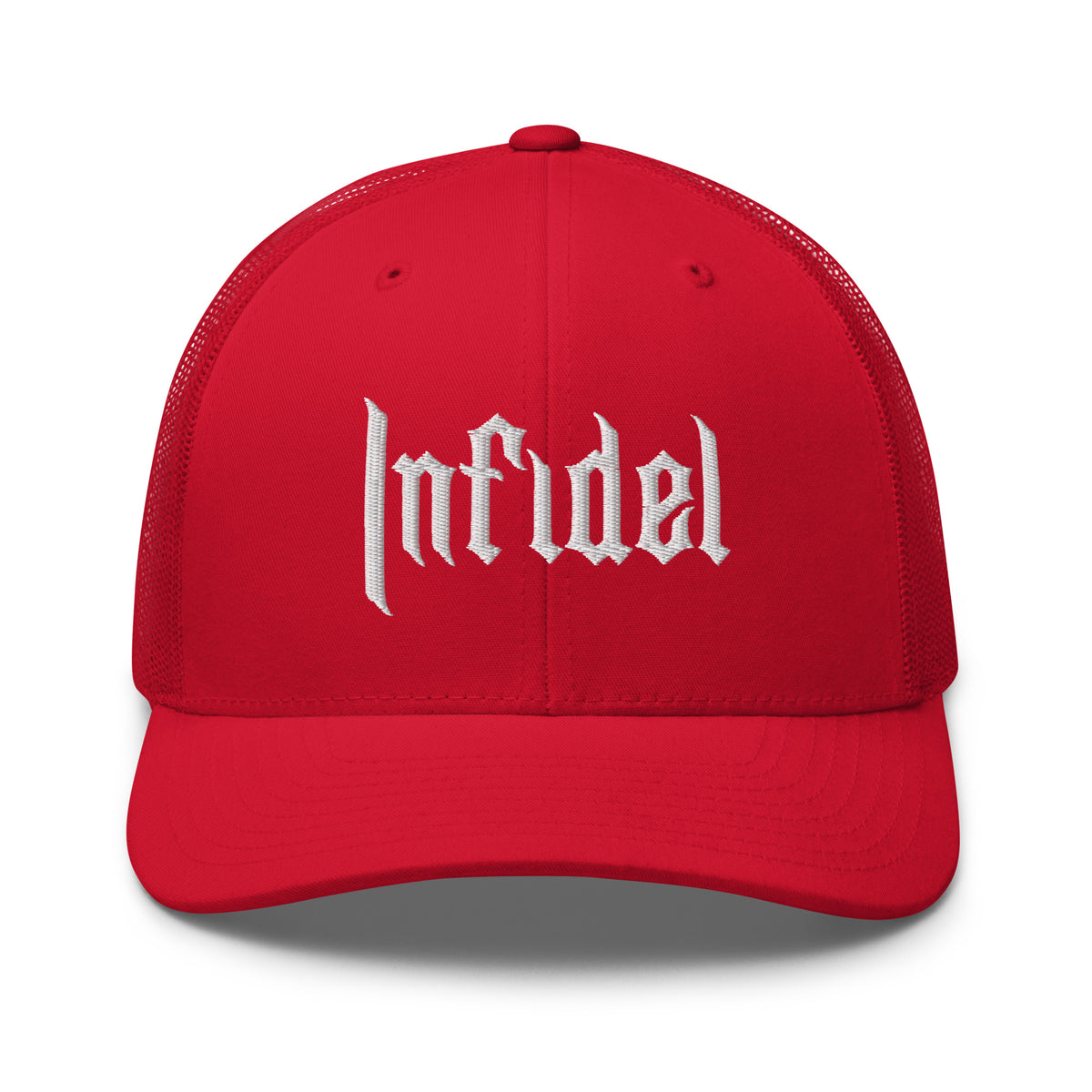Red, snapback hat, with embroidered OG INFIDEL mark, front view