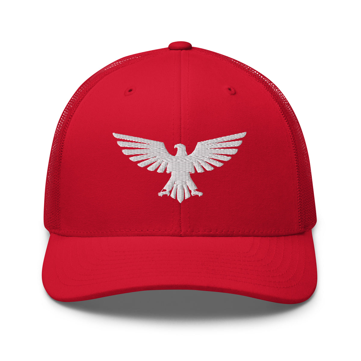 Red, snapback hat, with embroidered patriotic eagle crest, front view