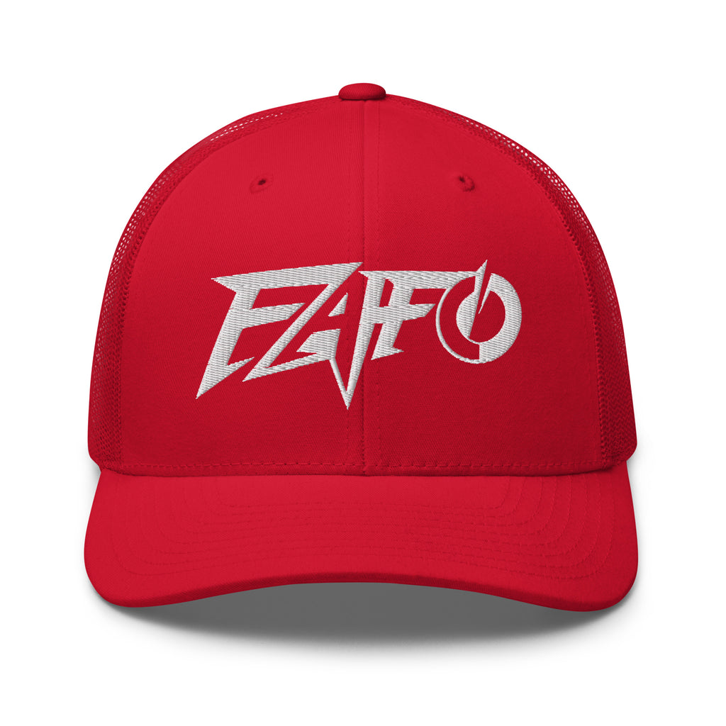 Red snapback trucker cap with embroidered FAFO Power design, front view