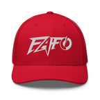 Red snapback trucker cap with embroidered FAFO Power design, front view