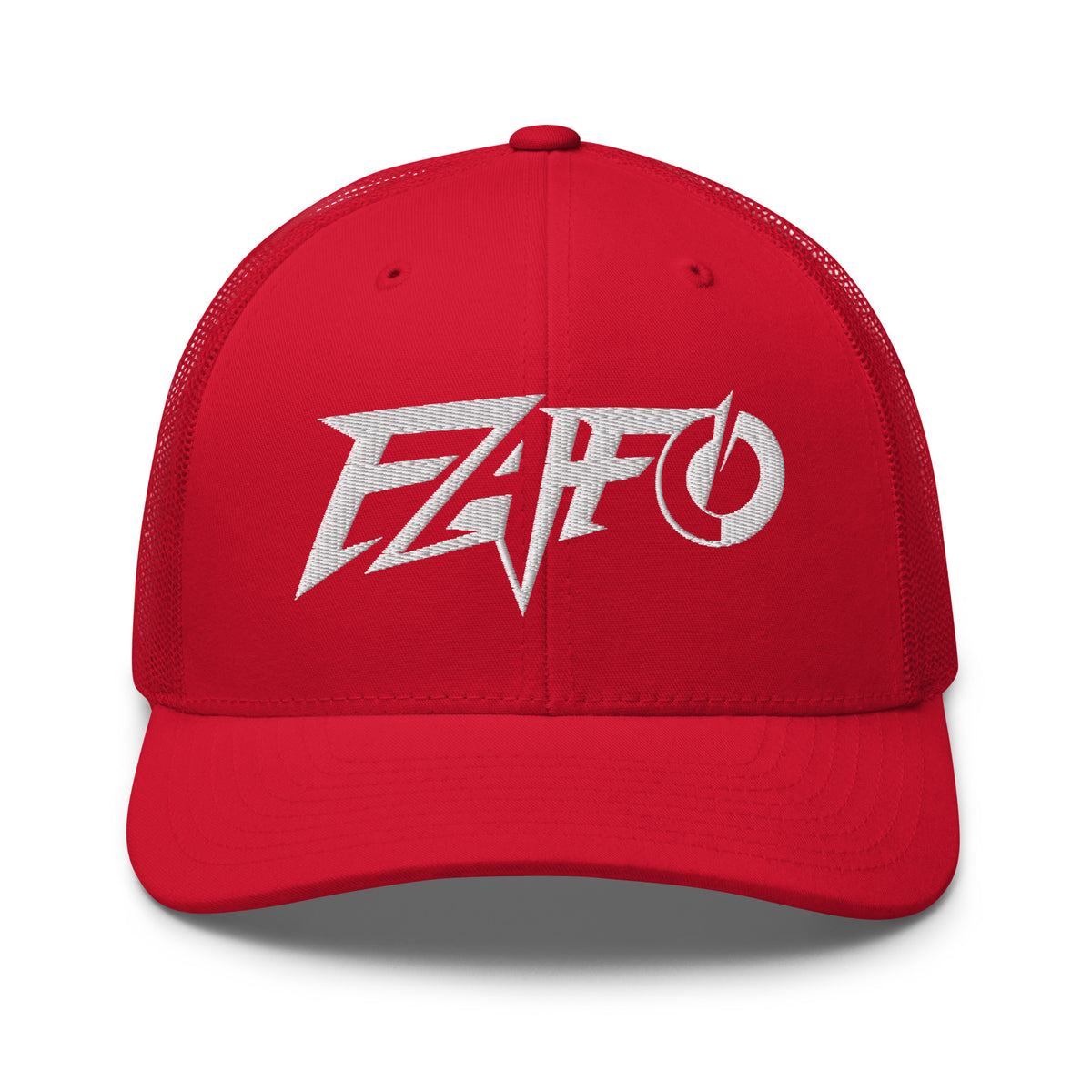 Red snapback trucker cap with embroidered FAFO Power design, front view