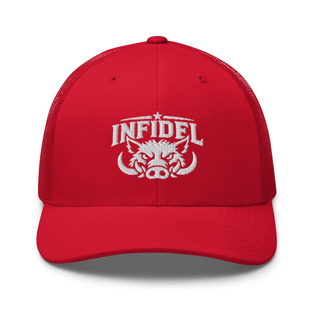 Red snapback trucker cap with embroidered INFIDEL War Pig design, front view