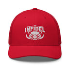 Red snapback trucker cap with embroidered INFIDEL War Pig design, front view