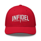 Red snapback trucker cap with embroidered Infidel Spike design, front view