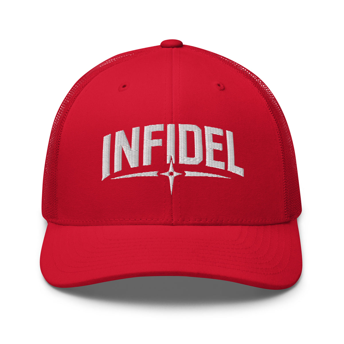 Red snapback trucker cap with embroidered Infidel Spike design, front view