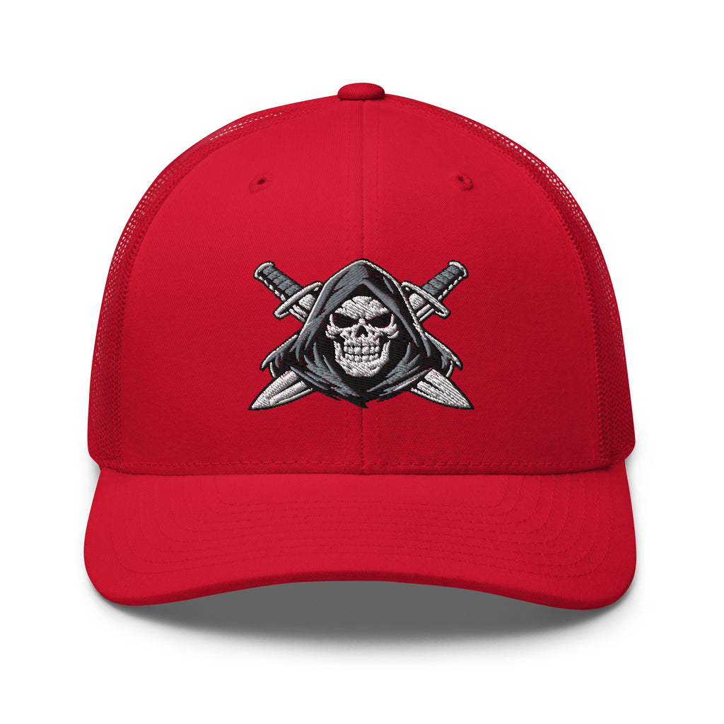 Red snapback trucker cap with embroidered Only Fear Infidel reaper design, front view
