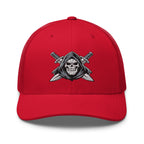 Red snapback trucker cap with embroidered Only Fear Infidel reaper design, front view