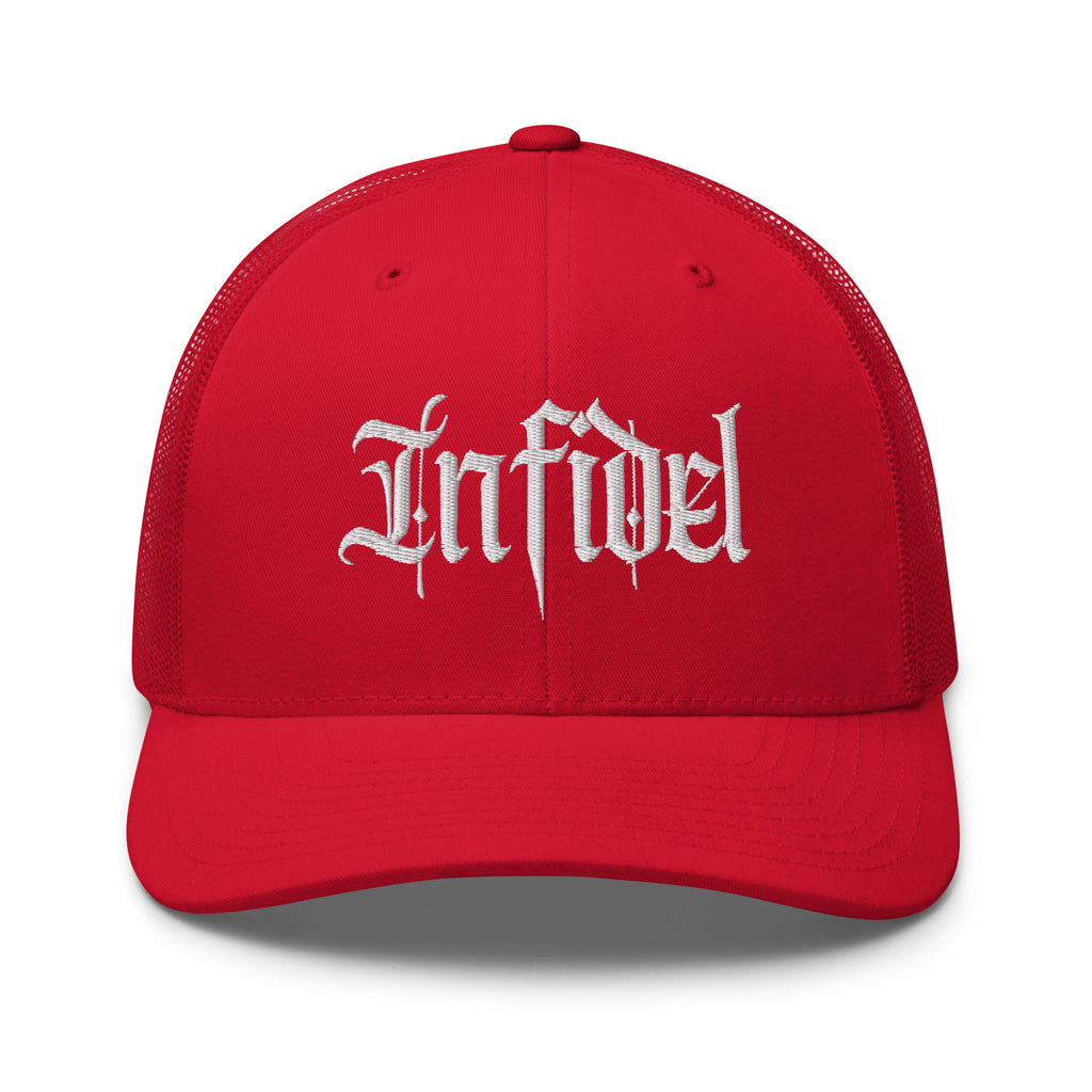 Red snapback trucker cap with embroidered Infidel Script design, front view