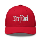 Red snapback trucker cap with embroidered Infidel Script design, front view