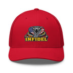 Red mesh-back trucker cap with embroidered INFIDEL USA Flag Cobra front design, front view
