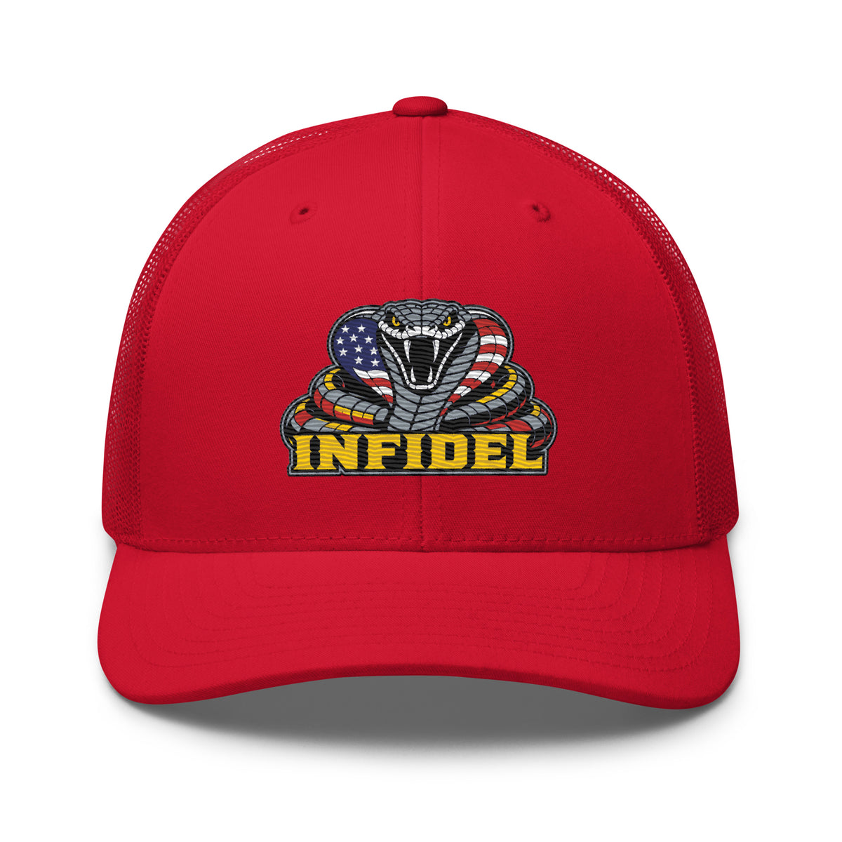 Red mesh-back trucker cap with embroidered INFIDEL USA Flag Cobra front design, front view