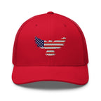Red trucker snapback cap, front view with Old Glory Eagle embroidery