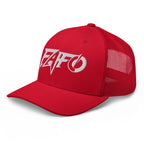 Red snapback trucker cap with embroidered FAFO Power design, left front view