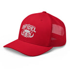 Red snapback trucker cap with embroidered INFIDEL War Pig design, left front view