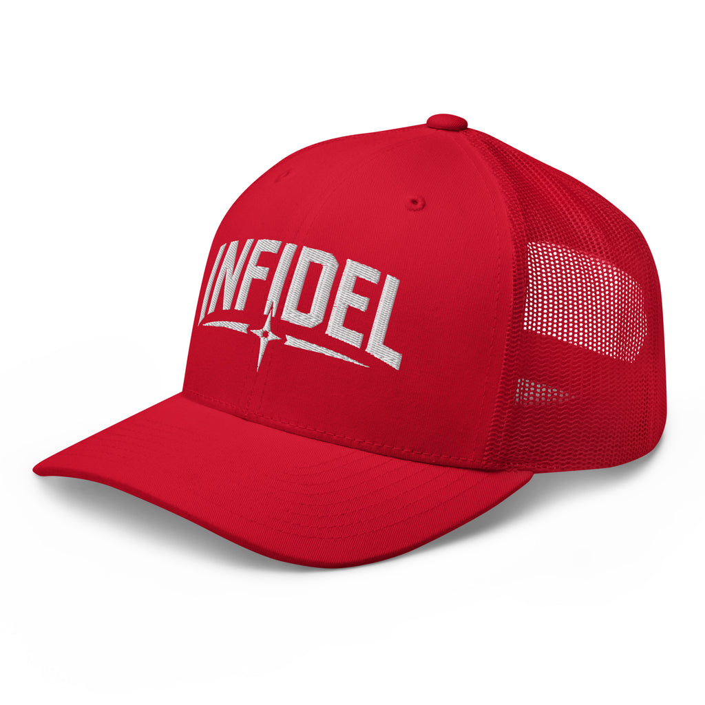 Red snapback trucker cap with embroidered Infidel Spike design, left front view