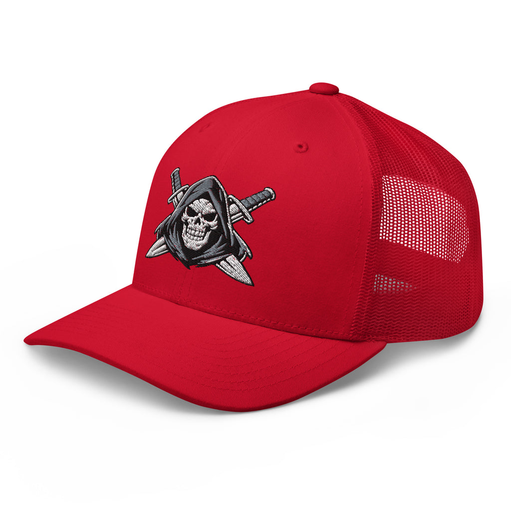Red snapback trucker cap with embroidered Only Fear Infidel reaper design, left front view