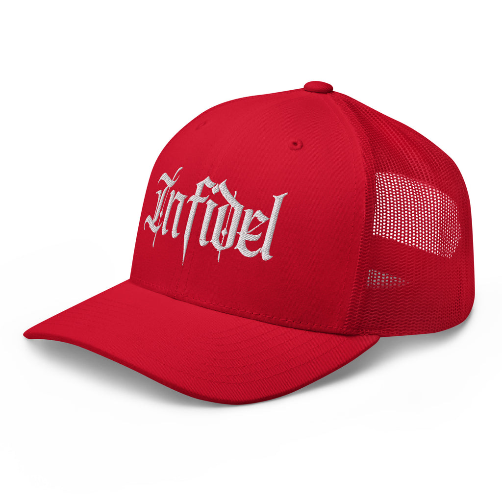 Red snapback trucker cap with embroidered Infidel Script design, left front view