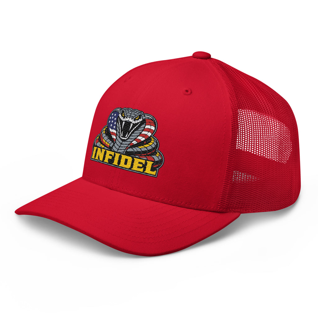 Red mesh-back trucker cap with embroidered INFIDEL USA Flag Cobra design, left front view