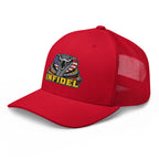 Red mesh-back trucker cap with embroidered INFIDEL USA Flag Cobra design, left front view