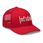 Red, snapback hat, with embroidered OG INFIDEL mark, right front view