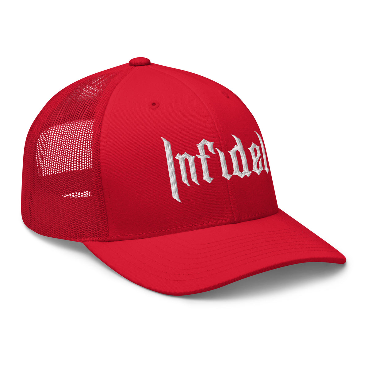 Red, snapback hat, with embroidered OG INFIDEL mark, right front view
