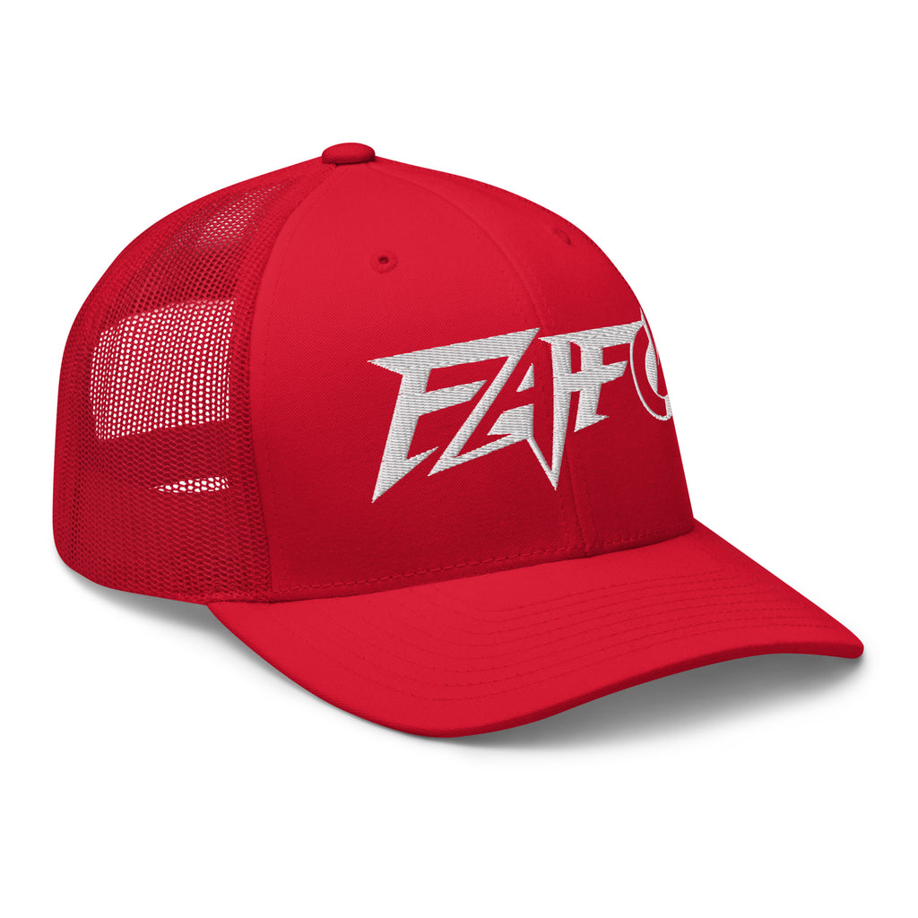 Red snapback trucker cap with embroidered FAFO Power design, right front view
