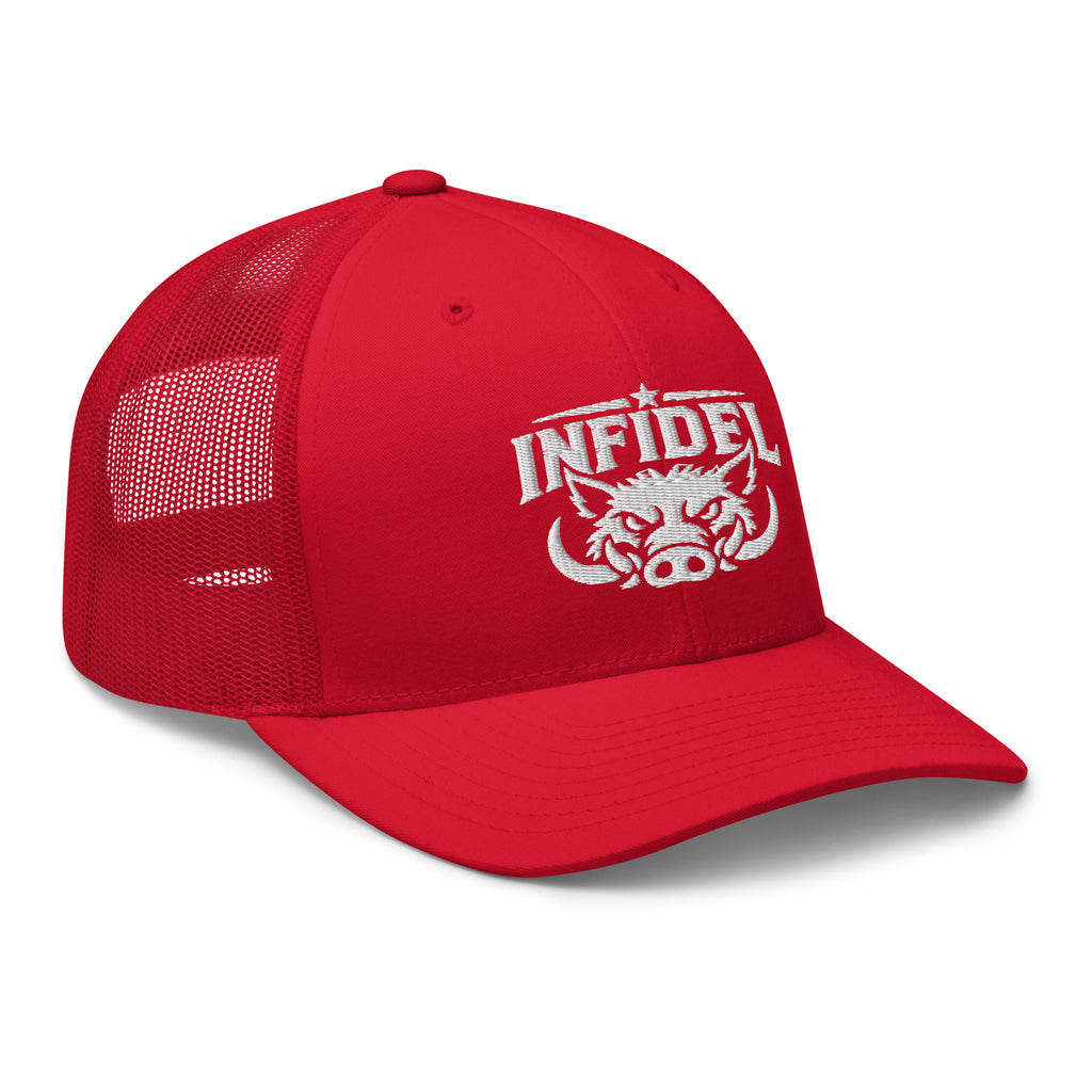 Red snapback trucker cap with embroidered INFIDEL War Pig design, right front view