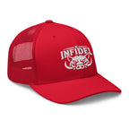 Red snapback trucker cap with embroidered INFIDEL War Pig design, right front view