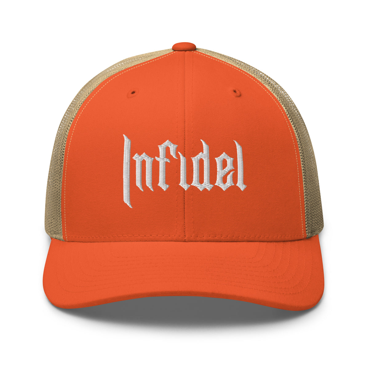 Rustic Orange Khaki, snapback hat, with embroidered OG INFIDEL mark, front view