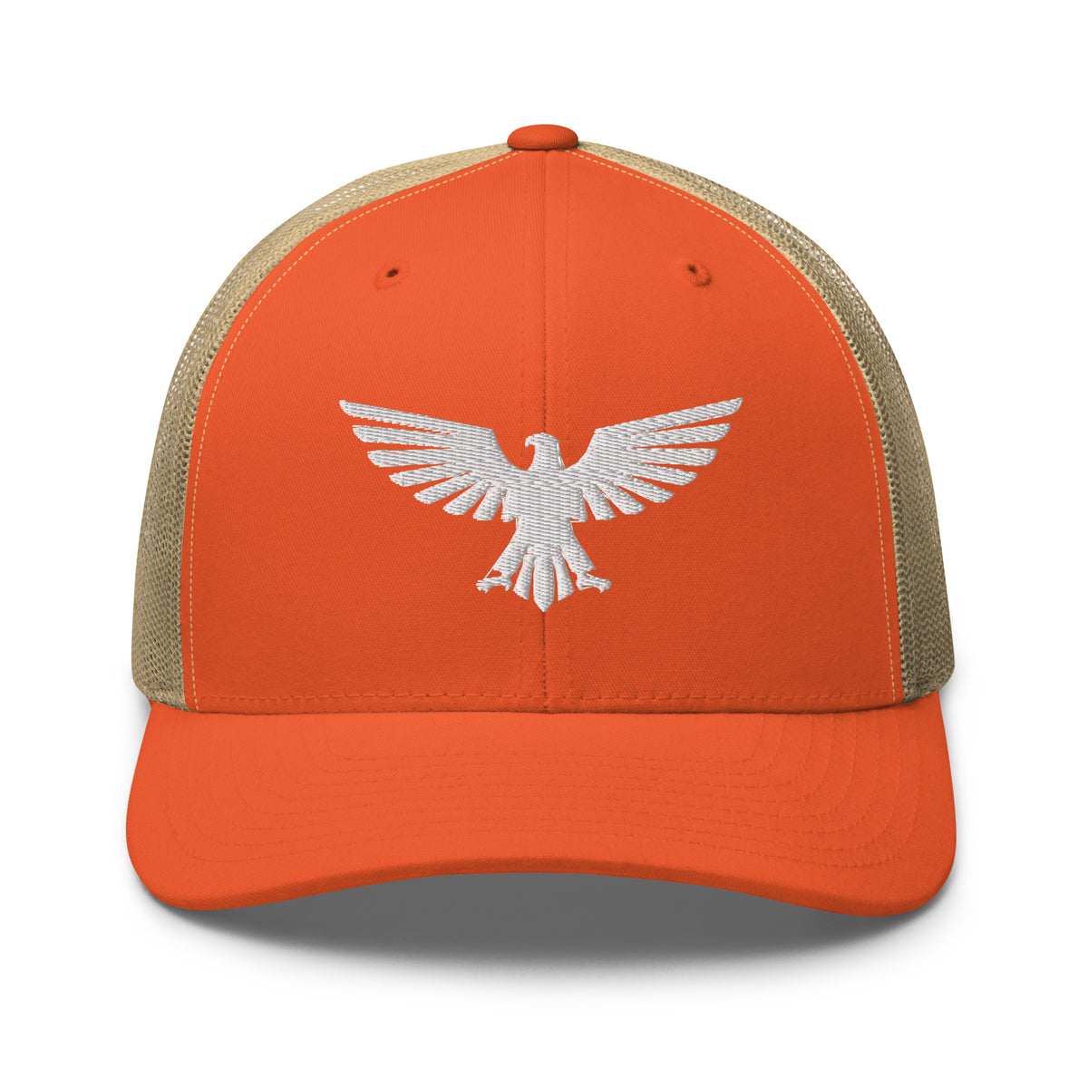 Rustic Orange Khaki, snapback hat, with embroidered patriotic eagle crest, front view