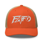 Rustic Orange Khaki snapback trucker cap with embroidered FAFO Power design, front view