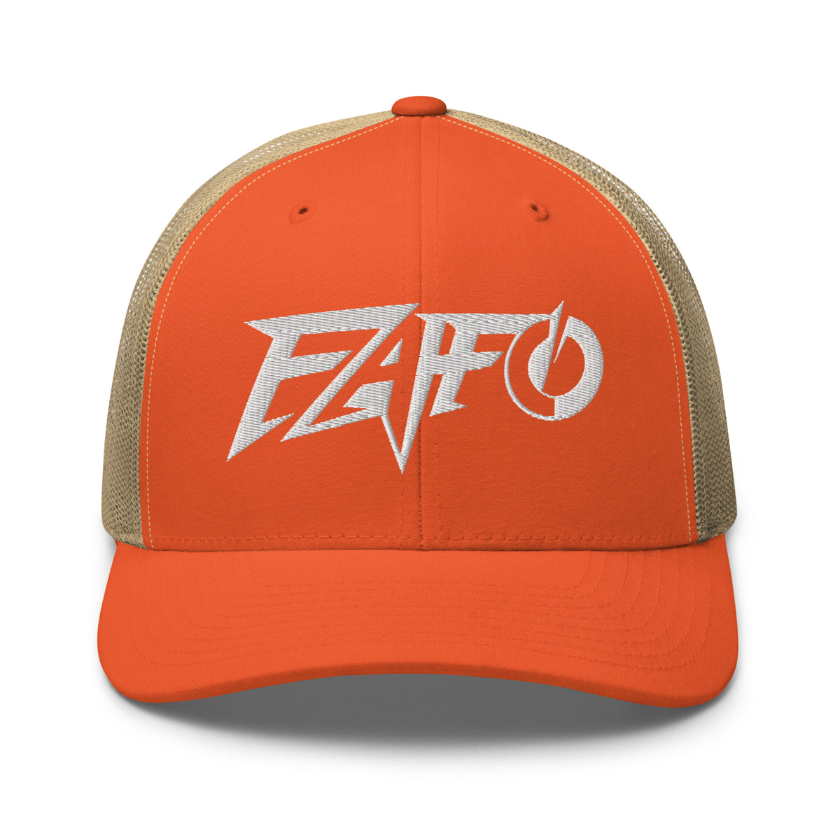 Rustic Orange Khaki snapback trucker cap with embroidered FAFO Power design, front view