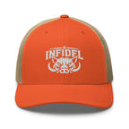Rustic Orange Khaki snapback trucker cap with embroidered INFIDEL War Pig design, front view