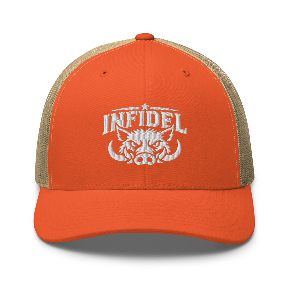 Rustic Orange Khaki snapback trucker cap with embroidered INFIDEL War Pig design, front view