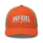 Rustic Orange Khaki snapback trucker cap with embroidered Infidel Spike design, front view