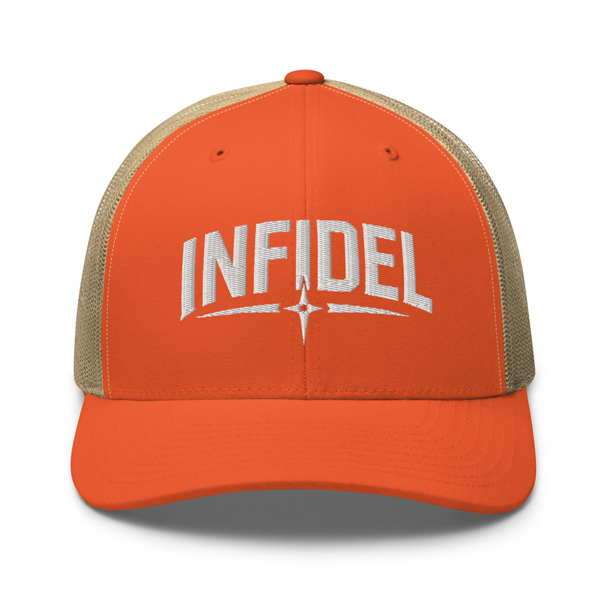 Rustic Orange Khaki snapback trucker cap with embroidered Infidel Spike design, front view