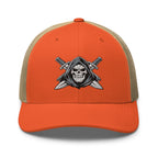 Rustic Orange Khaki snapback trucker cap with embroidered Only Fear Infidel reaper design, front view