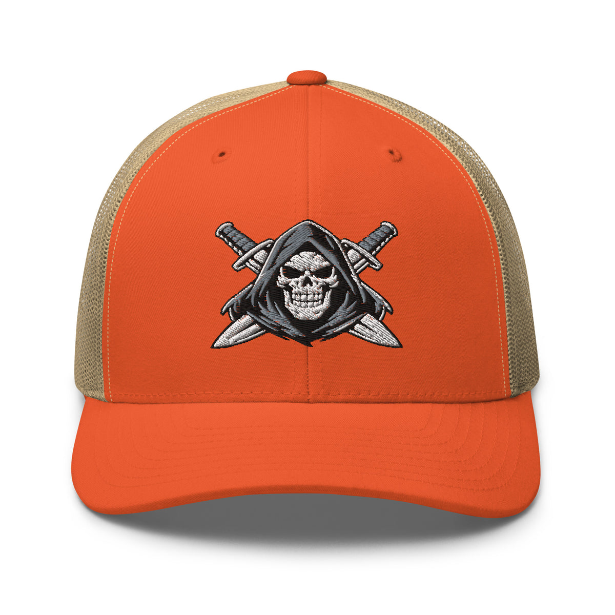Rustic Orange Khaki snapback trucker cap with embroidered Only Fear Infidel reaper design, front view