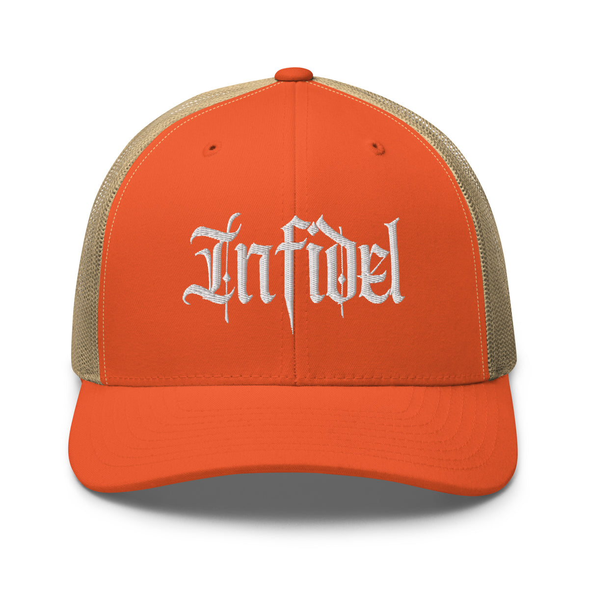 Rustic Orange Khaki snapback trucker cap with embroidered Infidel Script design, front view