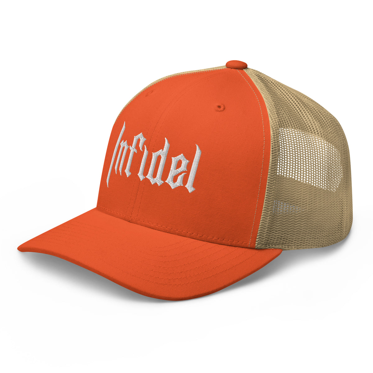 Rustic Orange Khaki, snapback hat, with embroidered OG INFIDEL mark, left front view