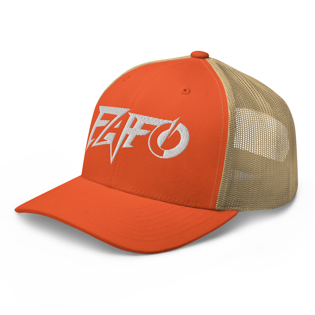 Rustic Orange Khaki snapback trucker cap with embroidered FAFO Power design, left front view