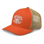 Rustic Orange Khaki snapback trucker cap with embroidered INFIDEL War Pig design, left front view