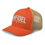 Rustic Orange Khaki snapback trucker cap with embroidered Infidel Spike design, left front view