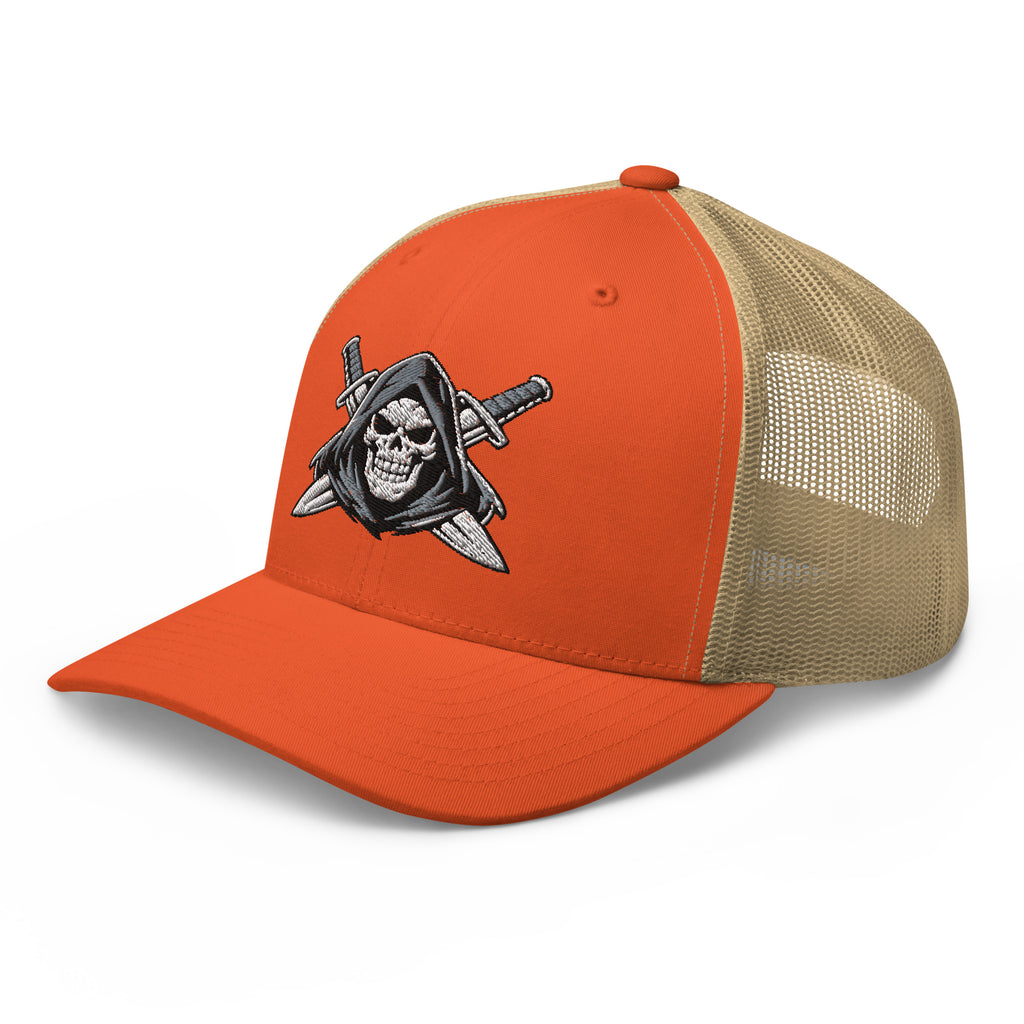 Rustic Orange Khaki snapback trucker cap with embroidered Only Fear Infidel reaper design, left front view
