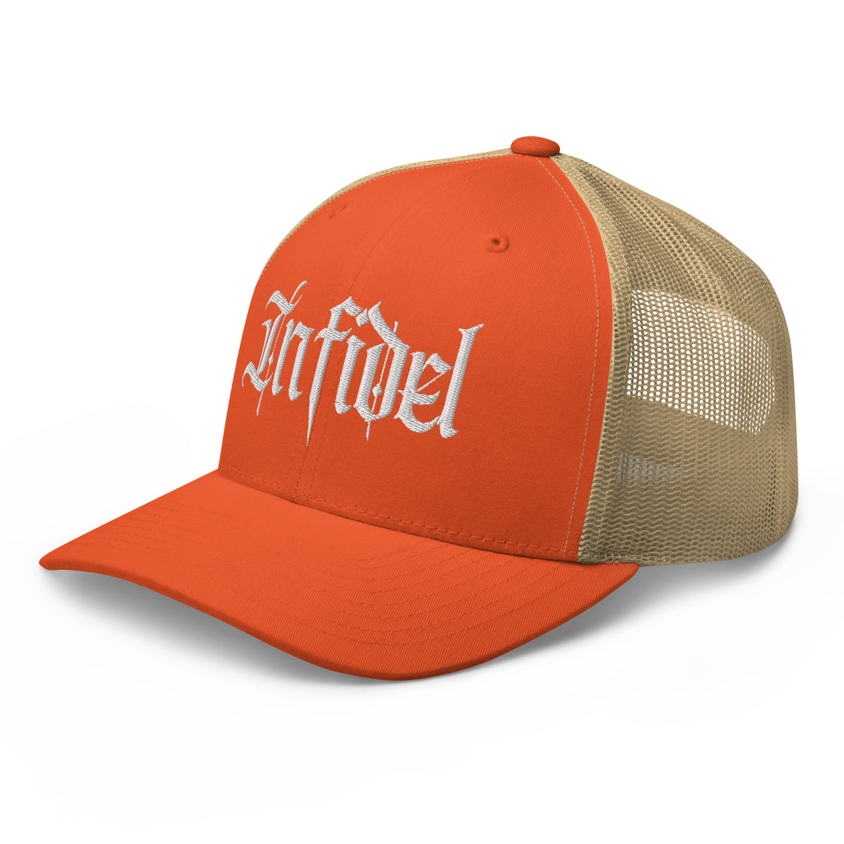 Rustic Orange Khaki snapback trucker cap with embroidered Infidel Script design, left front view