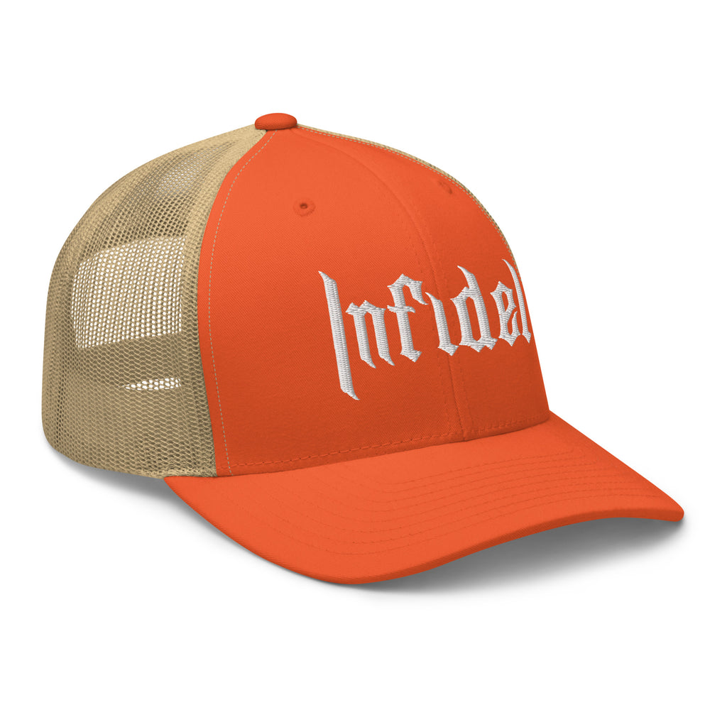 Rustic Orange Khaki, snapback hat, with embroidered OG INFIDEL mark, right front view