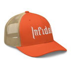 Rustic Orange Khaki, snapback hat, with embroidered OG INFIDEL mark, right front view