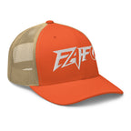Rustic Orange Khaki snapback trucker cap with embroidered FAFO Power design, right front view
